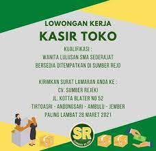 Info lowongan kerja daerah kraksaan paiton has 42,287 members. Lowongan Kasir Toko Cv Sumber Rejeki Ambulu Paling Lambat 28 Maret 2021 Loker Sekitarku