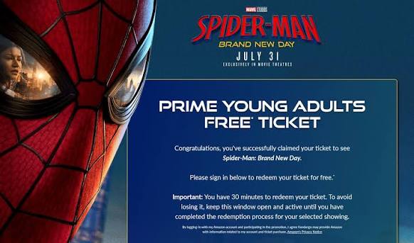 Get a FREE ticket for Spider-Man: Brand New Day via Amazon (Prime Young  Adult Only). #ad https://ow.ly/wmmZ50ZcIny