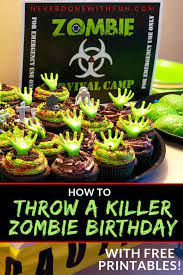 Make a cool display with a giant martini glass, a cake stand and a couple glow bracelets around the plate rim. Zombie Apocalypse Theme Party Details Kids Birthday Theme Walking Dead Viewing Party Food Decor Zombie Halloween Party Zombie Party Zombie Apocalypse Party