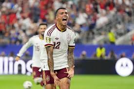 Spain\'s Pedro Porro reacts after scoring his side\'s second goal during the World Cup semifinal soccer match between France and Spain in Arlington, Texas on Tuesday.