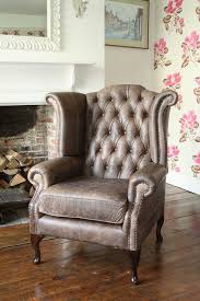 Chesterfield Queen Anne High Back Wing Chair In Vintage Brown Leather Fireside Chairs Wing Chair Brown Leather Chairs