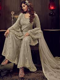 Sarees, saris, women ethnic wear, latest sarees, latest salwar kameez, latest lehenga, lehenga cholis, indo western, bollywood fashion wear Soft Premium Net Party Wear Sarara In Beige Color With Embroidery Work Sharara
