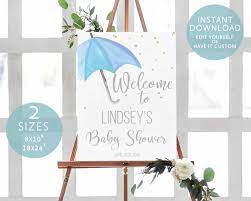 Choose from 980+ baby shower graphic resources and download in the form of png, eps, ai or psd. Baby Shower Welcome Sign Editable Template Corjl Blue Watercolor Umbrella Gold Rain Drops Boy Baby Shower Instant Download Printable Baby Shower Welcome Sign Welcome Sign Baby Boy Shower