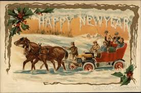 Horse Pulling Automobile Through The Snow Passengers Waving New Year Postcard Vintage Happy New Year New Year Greetings
