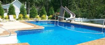True El Pool With Slide Diving Board And Volleyball Net Vinyl Swimming Pool Pool Volleyball Net Landscaping Around Pool