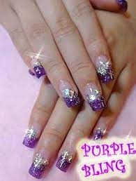 Short fingernails with blue hues. Pretty Purple Bling Nails Purple Nail Designs Bling Nails Nails Design With Rhinestones