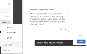 First make the desired owner an editor (if they are not already) save; Google Drive Why Does Google Drive Have A Change Ownership Option For Files That Don T Support It Itectec