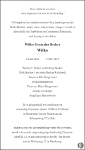 Wilko Gerardus (Wilko) Becker ✝ 12 januari 2017 • overlijdensbericht en  condoleances