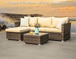 Newport Outdoor Wicker Sectional Sofa Set With Faux Teak Feet 1 Sectional Patio Furniture Patio Furniture Wicker Patio Furniture