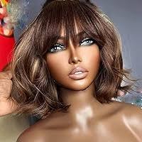 Amazon.com: KHY.JNM 短鮑勃假髮1B/30 漸層棕色波浪真髮假髮帶劉海13X6 HD 隱形蕾絲前假髮預拔適合女性無膠假髮巴西雷米頭髮