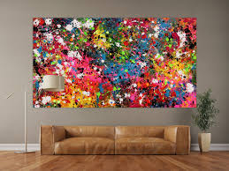 Abstraktes Acrylbild Actionpainting Sehr Bunt Modern Mit Vielen Farben Und Neonfarben 120x220cm Von Alex Zerr Acrylbilder Actionpainting Abstrakt