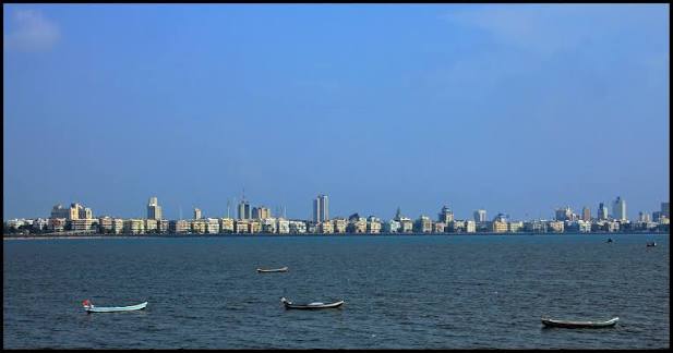 View of Bombay from Malabar hill with island of Karanja at a distance