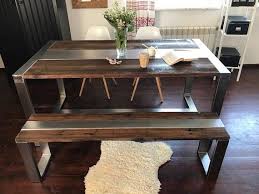 The corner benches, side bench and rectangular table combine for a multitude of seating options and perfect for small kitchens and dining area. Industrial Steel Reclaimed Wood Dining Table And Bench Set Etsy Table And Bench Set Reclaimed Wood Dining Table Rustic Kitchen Tables
