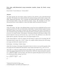 The change in potential energy, δpe, is crucial, since the work done by a conservative force is the negative of the change in potential energy; Pdf Does Using Multi Dimensional Energy Momentum Equation Change The Kinetic Energy Formula