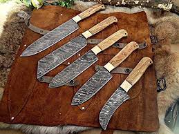 Very beautiful set of 5 damascus chef knives with leather bag. 5 Pieces Chef Knives Set Chef Knife Santoku Knife Peel Knife Vegetable Knife Overall 54 Inches Full Tang Hand Forged Damascus Steel Blade Custom Made Leather Sheath Amazon Ae