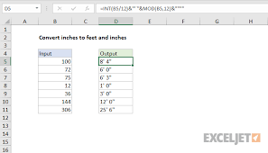 Centimeters decameters decimeters feet hectometers inches kilometers meters miles millimeters yards attometers cables chains exameters fathoms femtometers furlongs gigameters leagues links megameters microns nanometers nauticals mile petameters picometers rods terameters. Excel Formula Convert Inches To Feet And Inches Exceljet
