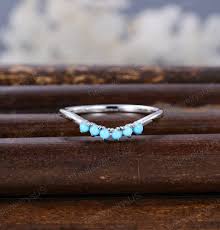 Round Turquoise Curved Wedding Band Unique White Gold Wedding Band Women  Vintage Wedding Ring Bridal Stacking Matching Promise Gift for Her