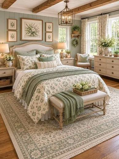 Decorating a sage green bedroom with farmhouse style