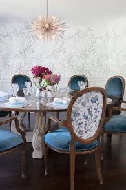 Arthouse painted brick pattern white washed realistic mural white wallpaper. White And Blue Dining Room With Nickel Sputnik Chandelier Transitional Dining Room
