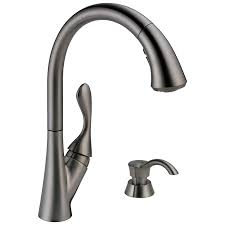 The brass structure with arctic stainless finish includes the glamour of this faucet to a bit more and lets you show off your kitchen applications seemingly! Delta Ashton Black Stainless 1 Handle Deck Mount Pull Down Handle Kitchen Faucet Deck Plate Included In The Kitchen Faucets Department At Lowes Com