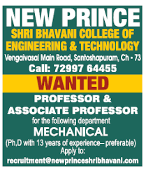 • sports such as football, basketball, handball, swimming, and horse riding. New Prince Shri Bhavani College Of Engineering Technology Chennai Tamilnadu Wanted Professor Associate Professor Faculty Teachers