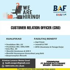 Maybe you would like to learn more about one of these? Lowongan Kerja Cro Bussan Auto Finance Penempatan Sragen Dan Sukoharjo Loker Swasta