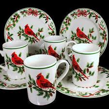 It is christmas dinnerware that has holly on the rim and displays christmas ornaments hanging from a tree limb. Christmas Dessert Plates And Mugs From Mountainairevintage On