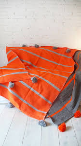 Image Of Moroccan Pom Pom Blanket Orange With Grey Stripes Tig Isleri Ve Battaniye