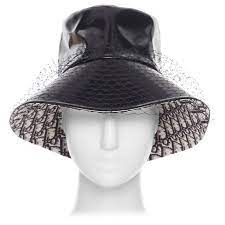 Christian Dior Black Faux Leather Net Mesh Trimmed Monogram Oblique Bucket Hat Black Faux Leather Faux Leather Dior