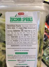According to the usda nutrient database, one cup of sliced zucchini contains 19 calories, 1.5 grams of protein, 0 grams of fat, 3.5 grams of carbs, 1 gram of fiber, and 3 grams of sugar. Zucchini Spirals H E B