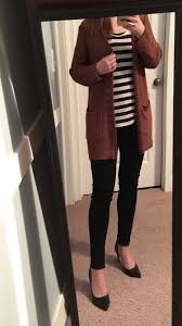 Black And White Striped Top With Jeans Rust Cardigan Black White Striped Top Black Skinny Jeans Black Heels Black Top Outfit Black White Stripe Dress Outfit Black Jeans Outfit Work