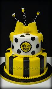 Black And White Baby Shower Cakes Baby Shower Cake Black White Yellow Polka Dots Stripes 2 Tiered Buzzing Bees Bow Lake House Cake By Shannon Baby Shower Cakes Shower Cakes Cake
