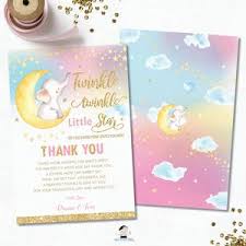Instantly download your design to print at home. Whimsical Twinkle Twinkle Little Star Elephant Baby Girl Shower Thank The Happy Cat Studio