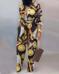 Chains Print Long Sleeve Knotted Jumpsuit African Print Jumpsuit Versace Pattern African Print Fashion