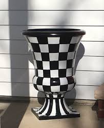 Black And White Checkered Outdoor Planters Custom Made Painted Urn Planter Urn Pot Planter Whimsical Painted Planter Urn Checkered Urn Planter Pots Urn Planters Planters