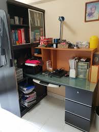 Used the table as my main desk. Glass Top Study Desk With Attached Bookshelf Furniture Shelves Drawers On Carousell