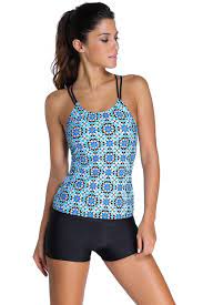 Her Modest Bluish Patterned Shirr Tankini With Square Shorts Swimsuit Us 16 18 Xl Blue In 2021 Tankini With Shorts Tankini Swimsuits Shirred Tankini