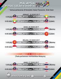 Sukan sea 2017 kini dilangsungkan di kuala lumpur, malaysia dengan menampilkan barisan atlet kebangsaan yang akan menggalas harapan negara untuk merebut gelaran kejuaraan. Fa Malaysia On Twitter Malaysia Men S Women S Futsal Team Match Schedule In 2017 Sea Games