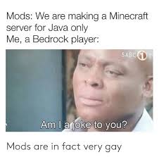 Forge is the original minecraft server that can only load forge mods. Mods We Are Making A Minecraft Server For Java Only Me A Bedrock Player Sabc Am La Joke To You Mods Are In Fact Very Gay Minecraft Meme On Me Me