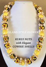 Hawaii Wedding Kukui Nut Lei W Cowrie Shell Graduation Luau Necklace Yellow Ebay Red Flower Necklace Cowrie Shell Kukui