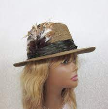Brown Straw Hat With Feathers Free Shipping Feathered Hat Womens Hat With Feathers Wide Brim Fedora With Feathers By Straw Hat Feather Hat Wide Brim Fedora