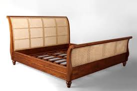 Colonial Plantation Sleigh Bed Teak Wood Frame Rattan Headboard