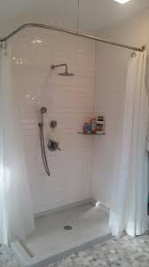 L Shaped Shower Curtain Rod White Subway Tile Master Bathroom Bathroom Redesign White Bathroom Decor Shower Curtain Rods