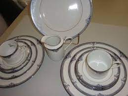 This appetizer plate set includes 4 beautiful plates, each showing a flower in full bloom: Noritake Squirewood 12 Pieces Dinnerware Fine China Discontinued Pattern Gray Black Floral Platinum Trim Ex Condition Val Noritake Dinnerware Fine China