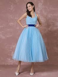 Unsere kleider sind wunderschön und perfekt per hand bestickt. Vintage Hochzeitskleid Blau Kurze Brautkleid Neckholder Chiffon Plissee Cocktailkleid Tee Lange Partykleid Milanoo Milanoo Com