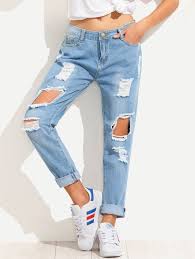 Blue Distressed Roll Hem Jeansfor Women Romwe Distressed Boyfriend Jeans Blue Ripped Jeans Ripped Boyfriend Jeans