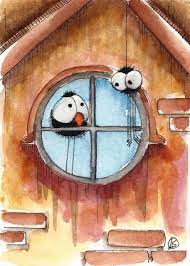 Aceo Original Watercolor Painting Whimsical Bird Crow Attic Spider Window Illustrationart Skurrile Kunst Wasserfarben Kunst Idee Farbe
