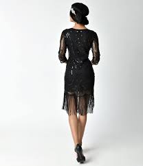 Black Beaded Sequin Margaux Sleeved Fringe Cocktail Dress Vintage Dresses 1920s Fashion Women Black Flapper Dress