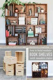 Easy Diy Yarn Storage Shelves Using Wooden Crates Video Tutorial Bookshelves Diy Bookcase Diy Crate Bookshelf