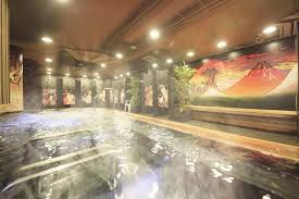 Onsen With Mural Of Red Mount Fuji And Ukiyo E Images On Doors Of Shower Stalls At Centurion Hotel Grand Akasaka In Japan Tokyo Onsen Hotel Tokyo Hotels